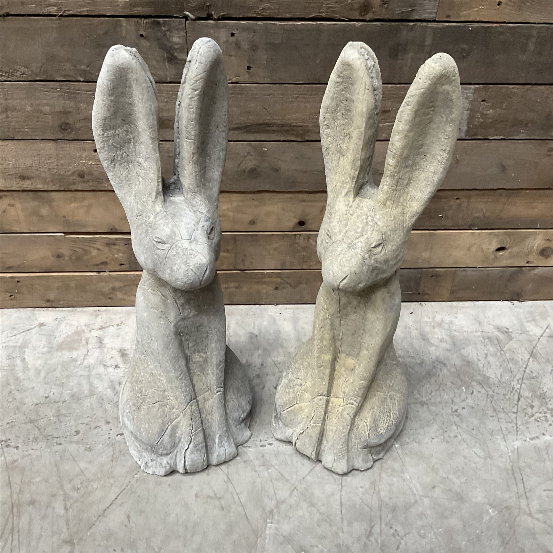 Pair cast stone garden sitting Woody Hares