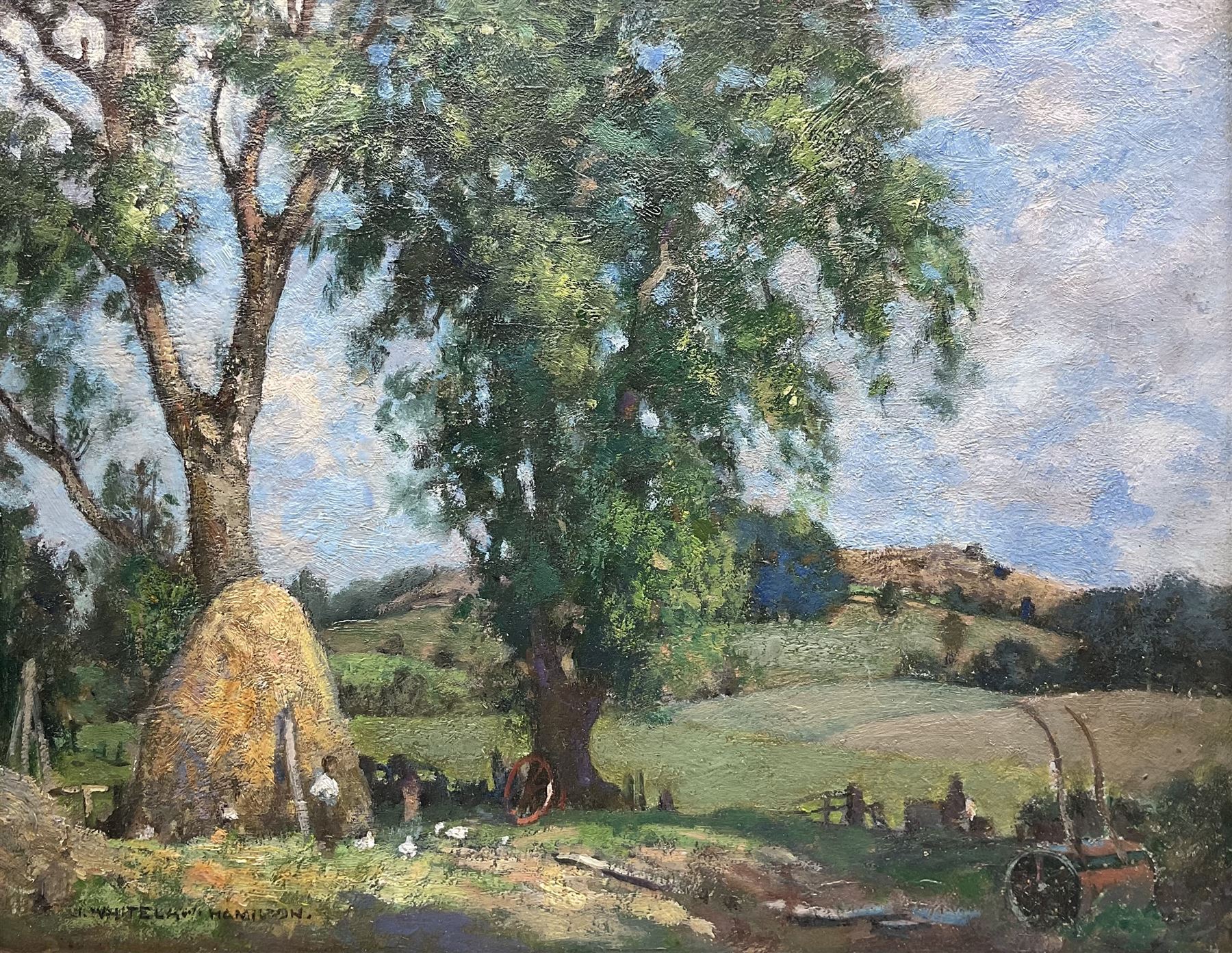 James Whitelaw Hamilton RSA RSW (Scottish 1860-1932): Girl with Chickens in a Farmyard, oil on panel signed 25.5cm x 33cm 