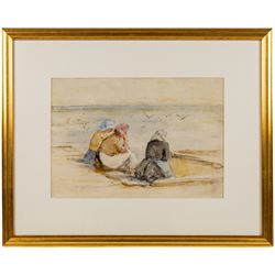 Robert Jobling (Staithes Group 1841-1923): Three Staithes Fishergirls Looking Out to Sea, watercolour signed 23cm x 33cm