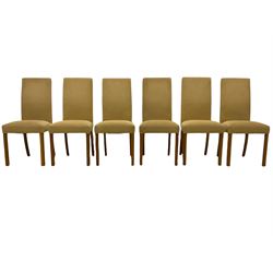 Light oak extending dining table, with leaf, and six high back upholstered chairs