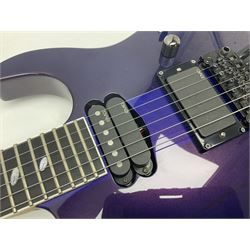 2015 Japanese Caparison Dellinger Prominence hand made boutique rock guitar in spectrum blue with clock inlays and Scaller tremolo; serial no.3200018; L100cm; in fitted case with certificate, registration card, tools etc