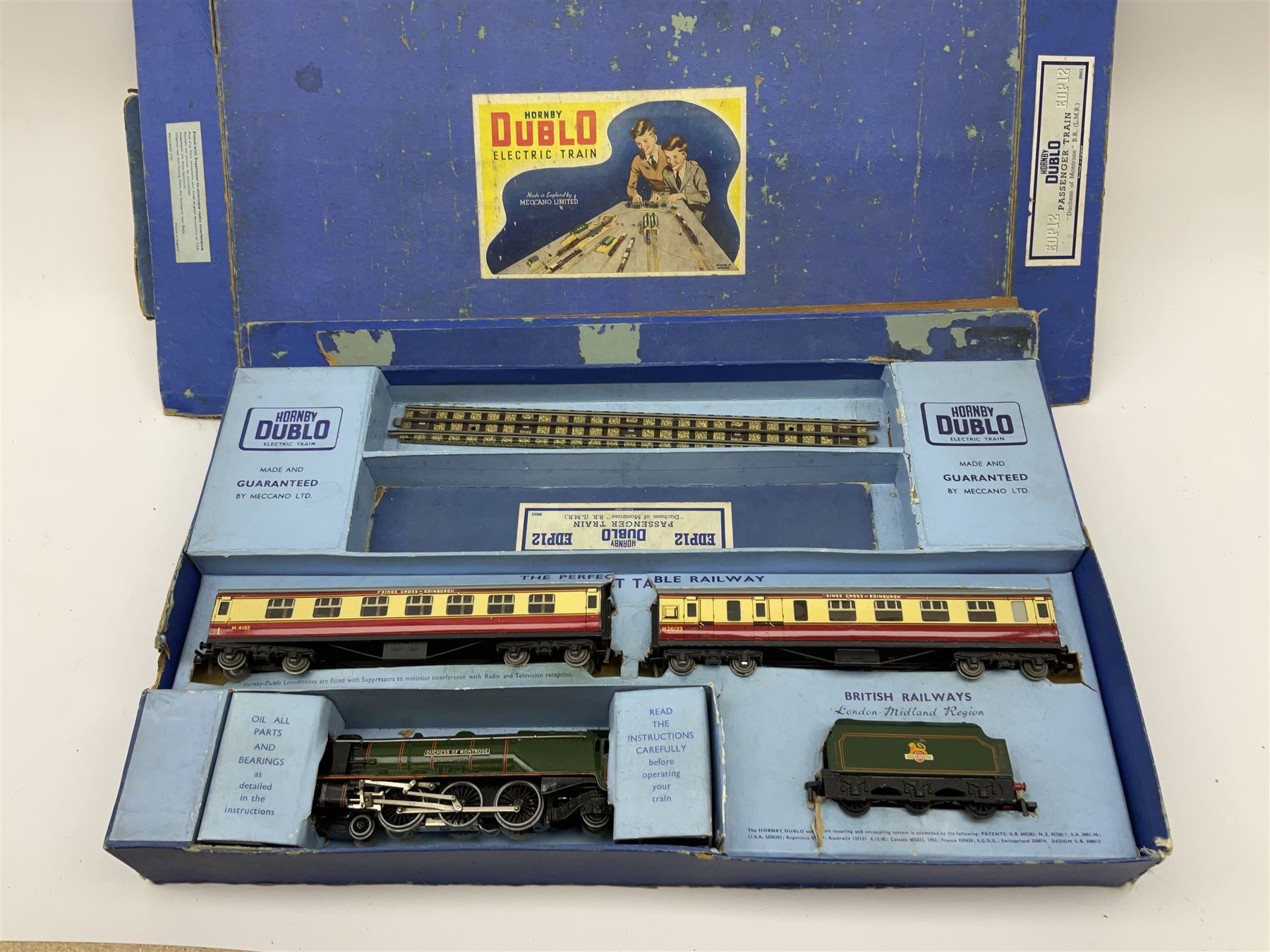 Hornby Dublo - three-rail EDP12 passenger train set with Duchess Class 4-6-2 locomotive 'Duchess of Montrose' No.46232 and tender, two coaches and one length of track, boxed; and three-rail EDP10 passenger set long box with Class N2 0-6-2 tank locomotive No.69567 and track only (2)