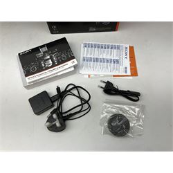 Sony Alpha 7R ILCE-7R camera serial number 3985636, with a 'Carl Zeiss Sonnar FE 1.8/55 ZA' lens, 'FE 28mm F2' lens, Sony Handycam Cyber-Shot HVL-F43M, all with original boxes, together with a Manfrotto camera bag  