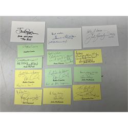 1949 England cricket team signatures including Hutton, Compton, Edrich, Laker etc on loose album page; and large quantity of other autographs of predominantly TV Soap Opera stars from Last of the Summer Wine, Eastenders, Emmerdale, Coronation Street, Heartbeat etc and other TV/Film personalities; on promotional photographs and clipped fragments of paper etc