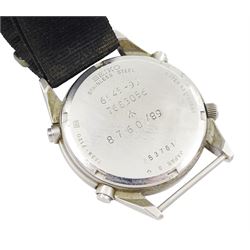 Seiko British military issue Generation 1 stainless steel quartz wristwatch, Ref. 7A28-7120, black dial with luminous hour markers, subsidiary constant seconds, 1/10 second and thirty minute recording dials, back case back with Military arrow and issue markings '6645-99 7683056 8760/89'