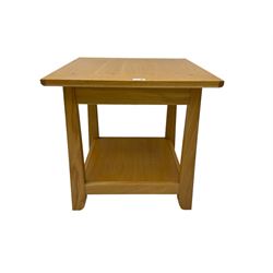 Light oak lamp or side table table, square top with under-tier