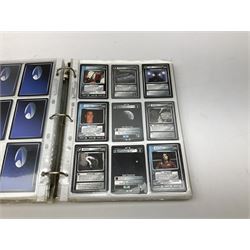 Collection of Star Trek collectors cards to include ‘Alternate Universe’ and ‘Q Continuum’ series, Star Wars cards etc housed in white album
and Harry Potter, Disney and other loose examples