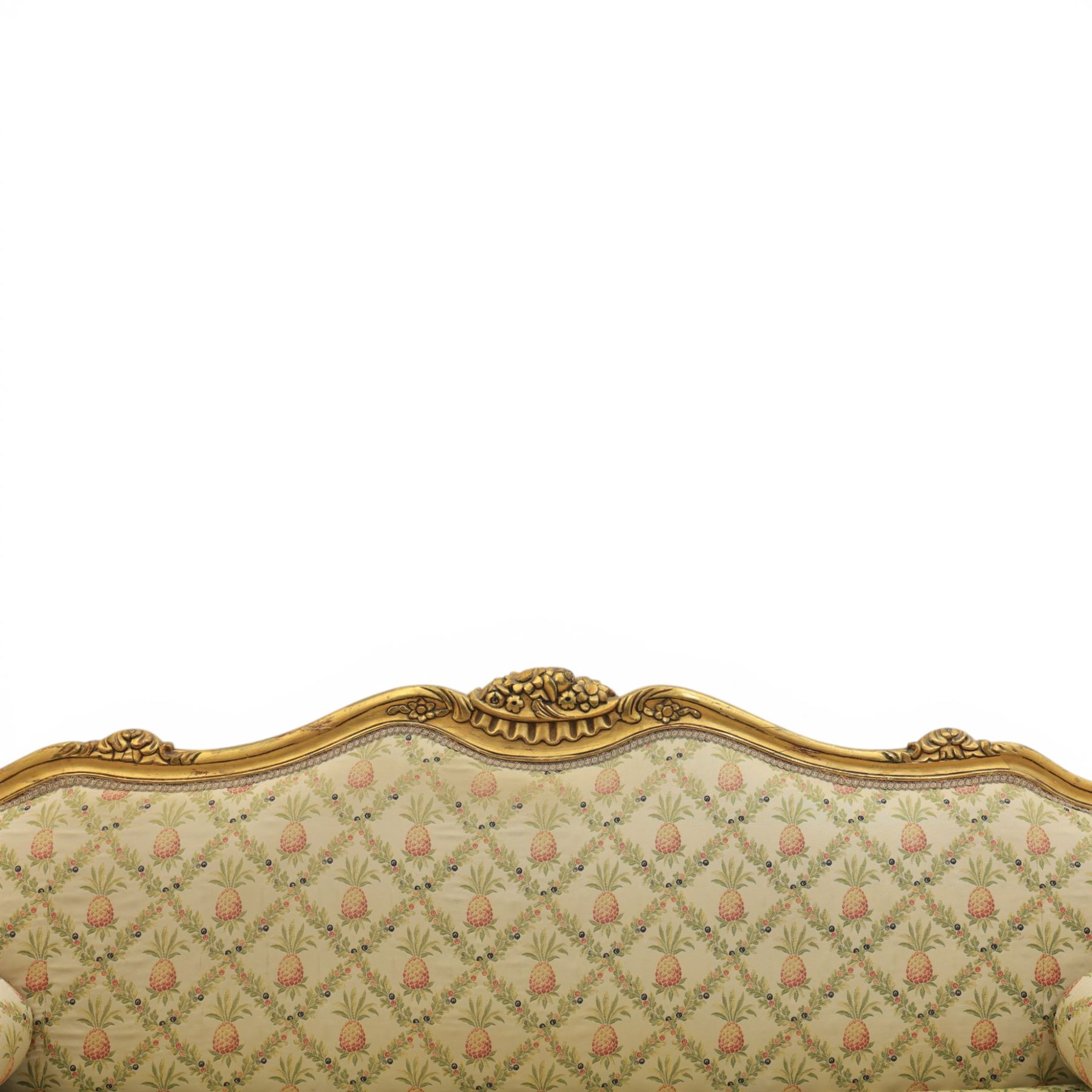Louis XV design giltwood framed settee, the frame with applied foliate detail,  three loose seat cushions, upholstered in pineapple patterned fabric