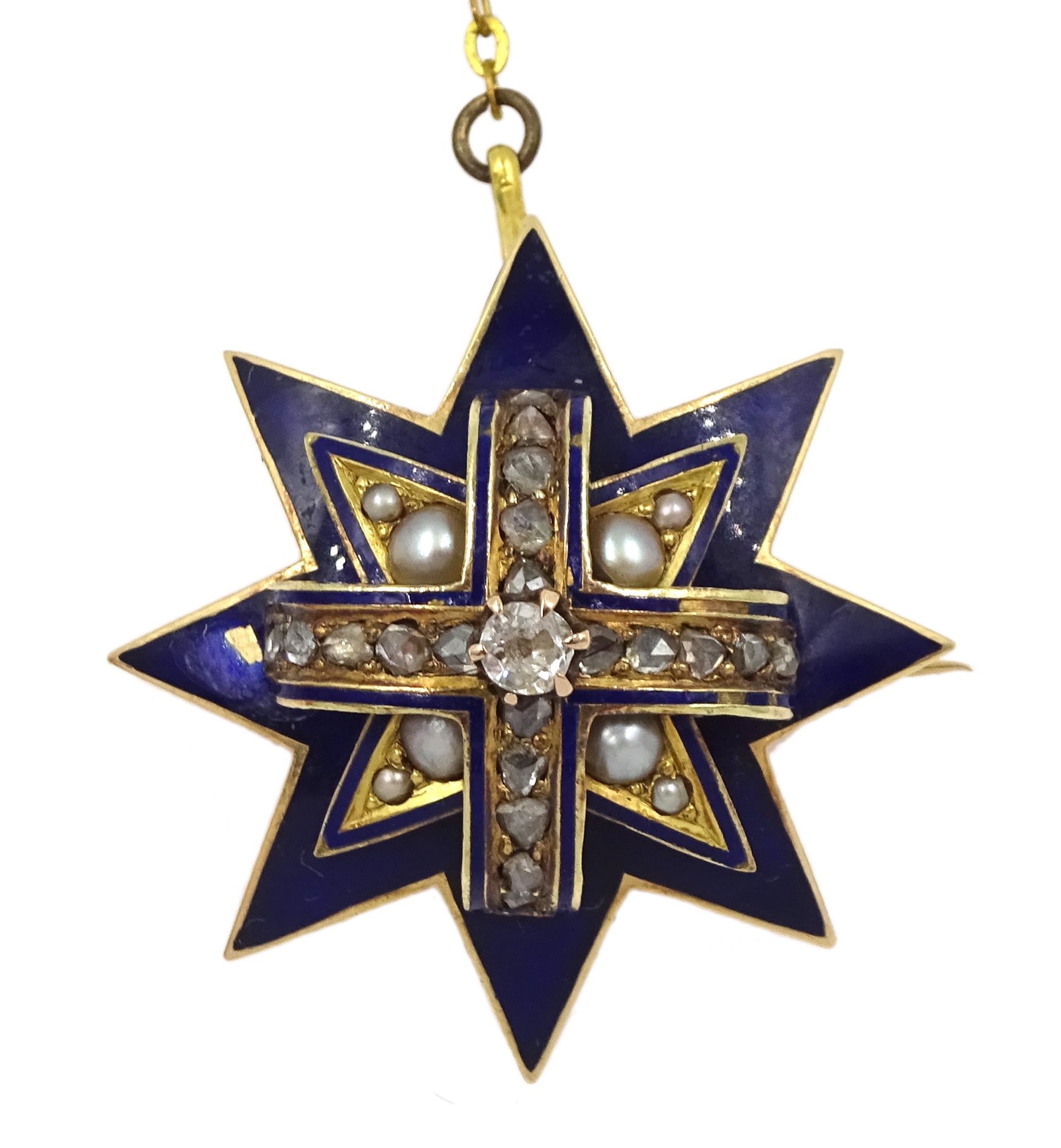 Victorian 15ct gold blue enamel, diamond and split pearl star brooch