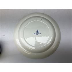 Quantity of blue and white ceramics to include Spode Italian pattern shallow bowl, Booths plate decorated with willow pattern, Wedgwood Jasperware tulip vase, T.G Green Cornish ware lidded storage jar, Delft style ceramics etc in two boxes