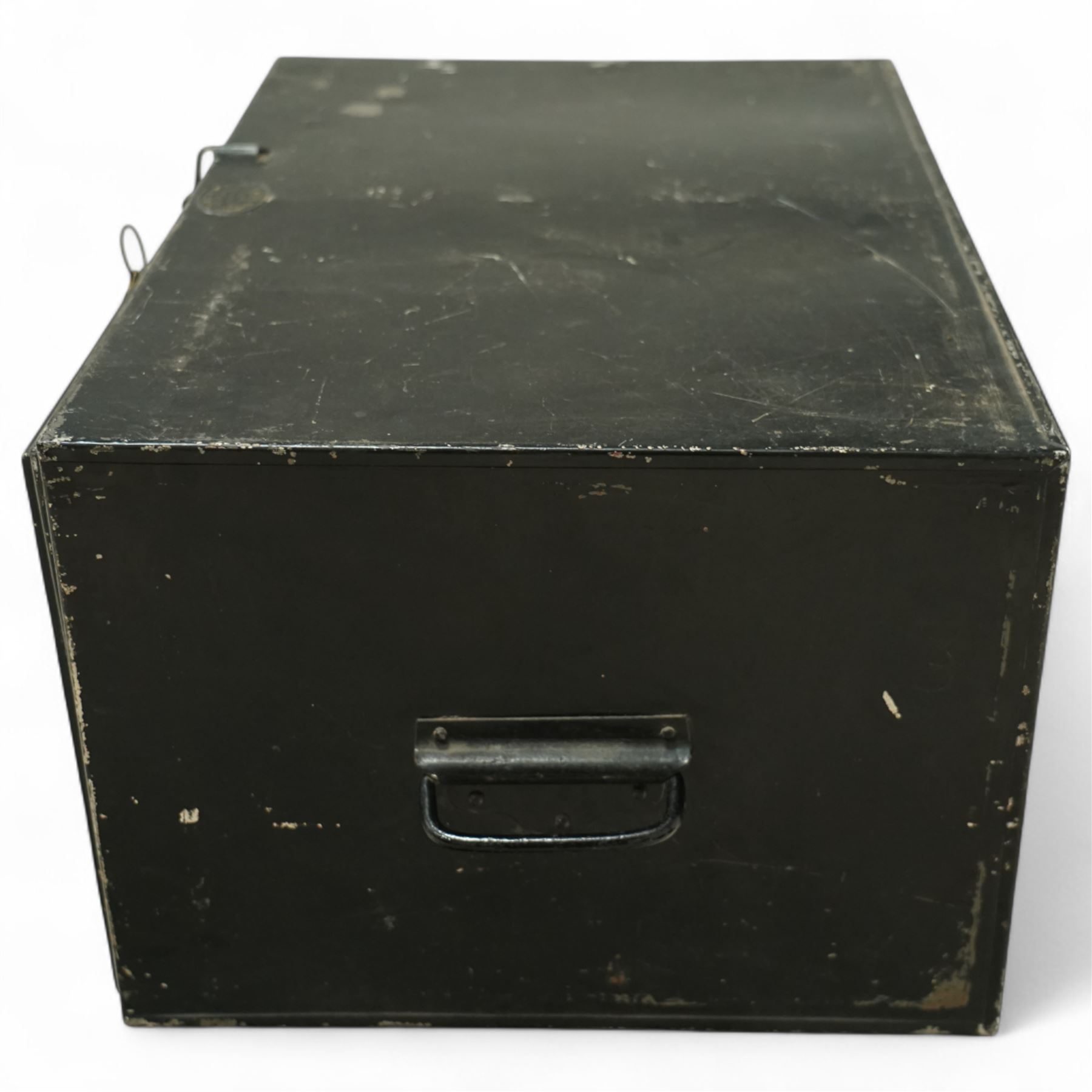 19th-century painted steel document box, front opening with shelf and side-mounted carrying handles, with maker's stamp for John Kelly & Son, Edinburgh, painted in gold lettering, 