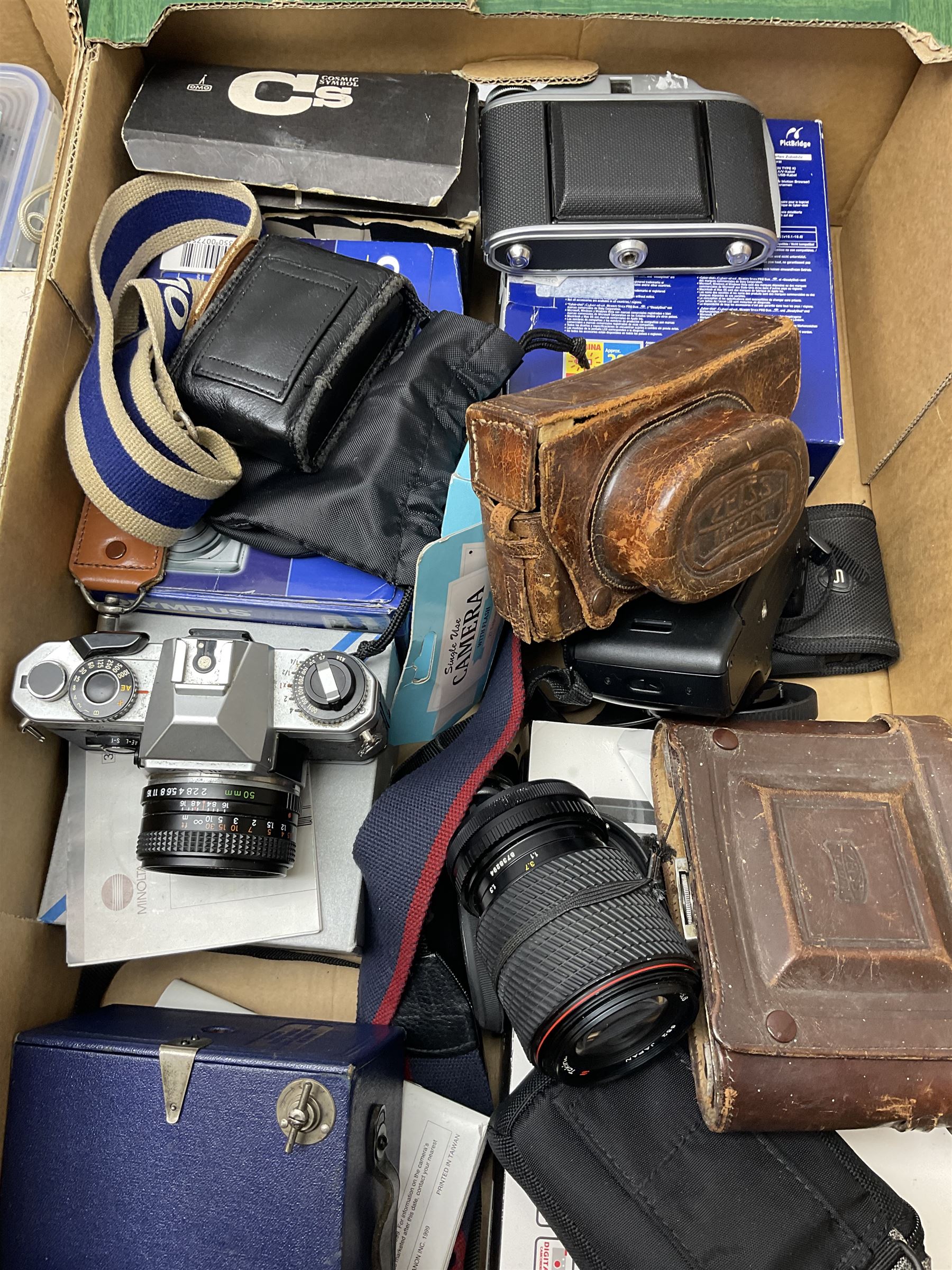 Vintage and later cameras and acessories including Yashica FX-D quartz with Yashica 'ML 50mm 1:2' lens, Kershaw eight-20 Penguin folding camera, 
 box cameras etc, various lenses including Tokina SD '70-210mm 1:4-5.6' etc and other camera related items, all untested, in two boxes