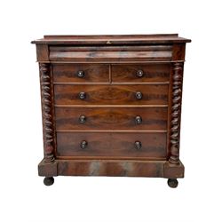 Victorian mahogany Scotch chest, frieze drawer over two short and three long drawers, enclosed by spiral turned pilasters, turned feet 