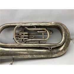 Boosey & Co silver plated 'Solbron' Class A Tuba c1920, serial number 102760, with compensating pistons and foliate engraved decoration H106cm 