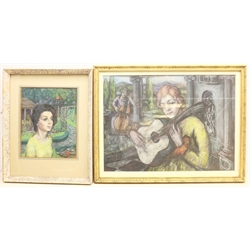 Arthur Burnett (British 20th century): Young Woman in a Garden, pastel signed and dated 1965, together with another unsigned pastel of two girls playing string instruments, and a still life oil on canvas unsigned, max 53cm x 45cm (3)