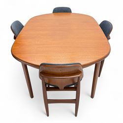 G-Plan - mid-20th century teak oval dining table, with butterfly leaf extension mechanism and four Elliot's of Newbury teak framed dining chairs upholstered in purple and green fabric, table un-extended width 152cm x depth 152cm x height 71cm, chairs 47x37x78cm 