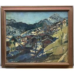 Beatrice Pauline Hewitt (British 1873-1956): Alpine Village Landscape, oil on canvas signed, artist address label verso 62cm x 75cm