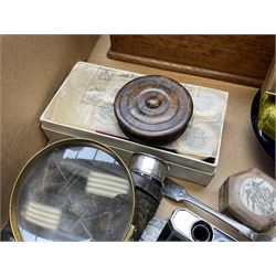 Assorted collectables, to include Victorian silver fork, and silver napkin ring, circular treen box, magnifying glass with mother of pearl handle, vintage cotton reels in Dewhurst's Sylko box, 'G Baxter' framed print, oak box, etc., in two boxes 