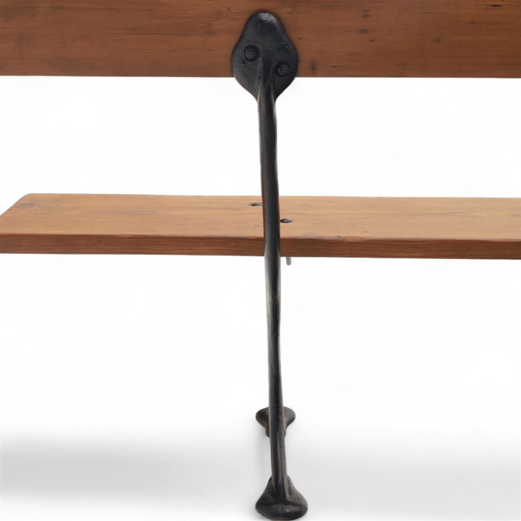 Pine garden bench, with stained and weatherproof varnish, single slat pine seat and back, raised on curved black cast iron supports