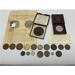 Lusitania replica medal, boxed and various coins including King George VI 1951 Festival of Britain crown, United States of America 1844 one cent and 1850 half dime, Queen Victoria States of Jersey 1844 one thirteenth of a shilling, etc