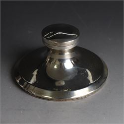 Edwardian silver fall-front ring box with loop handle, opening to reveal velvet interior with five ring spaces, hallmarked Deakin & Francis, Birmingham 1907, together with a cut glass jar with silver lid inscribed 'Hair Tidy' and a silver mounted capstan inkwell, both hallmarked 