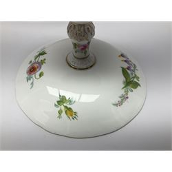 Victorian Copeland, Botanical dessert service, decorated with floral sprigs to the centre with a pink and gilt border, comprising five comports and seven plates, largest comport H20cm, plate D22cm
