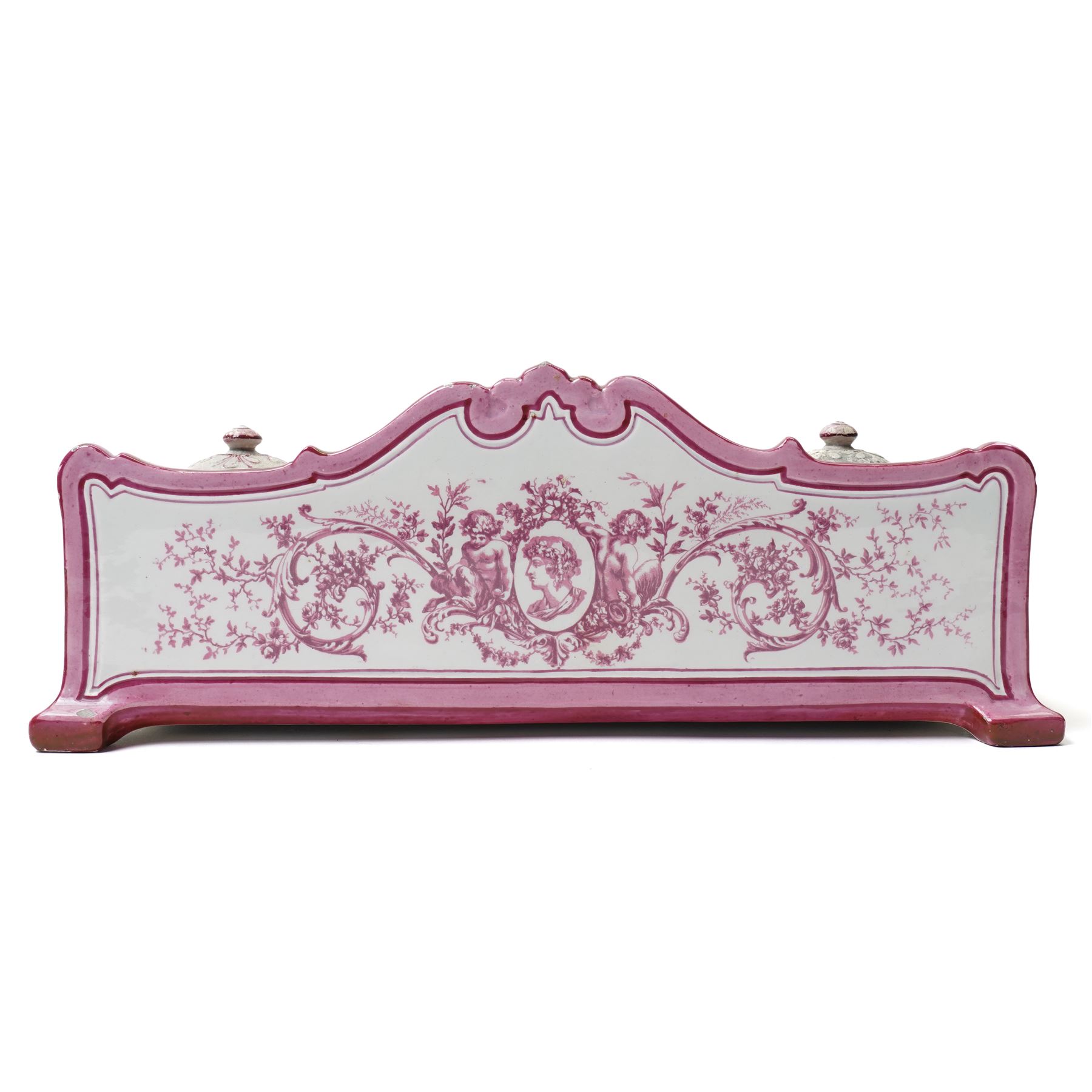 19th Century French enamelled porcelain inkstand, by Gien, in shades of pink and white, with twin inkwells and pen tray, printed marks to base W31cm D16cm