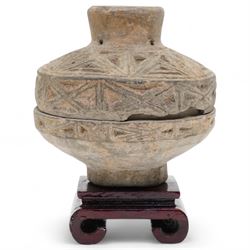 Chinese Western Han Dynasty pierced and carved earthenware incense burner,  c.206BC-24AD, on hardwood stand, H12.5cm 