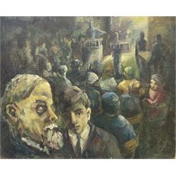 Continental School (early 20th century/post war): A Sombre Auction, oil on board unsigned, inscribed S Moore verso with inventory stencil 62cm x 76cm (unframed)
