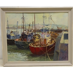  Don Micklethwaite (British 1936-): 'Keel Boats Whitby', oil on canvas board signed, titled verso 35cm x 44.5cm  