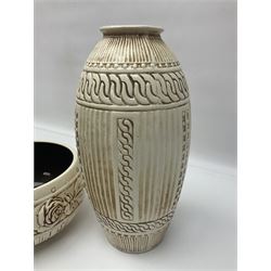 Bretby vase, of baluster form, with fluted and chain link decoration upon an ivory ground, together with a similar Bretby bowl, decorated with a band of roses upon an ivory ground, both with impressed marks beneath, and one other vase, with relief floral decoration and pewter cased rim, tallest H33cm