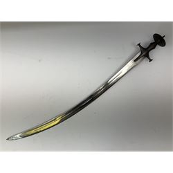19th Century Indian Tulwar sword with 77cm single edged, slightly curved fullered blade;  steel crossguard, langets, grip and spiked disc pommel with stiff leaf decoration L90cm overall