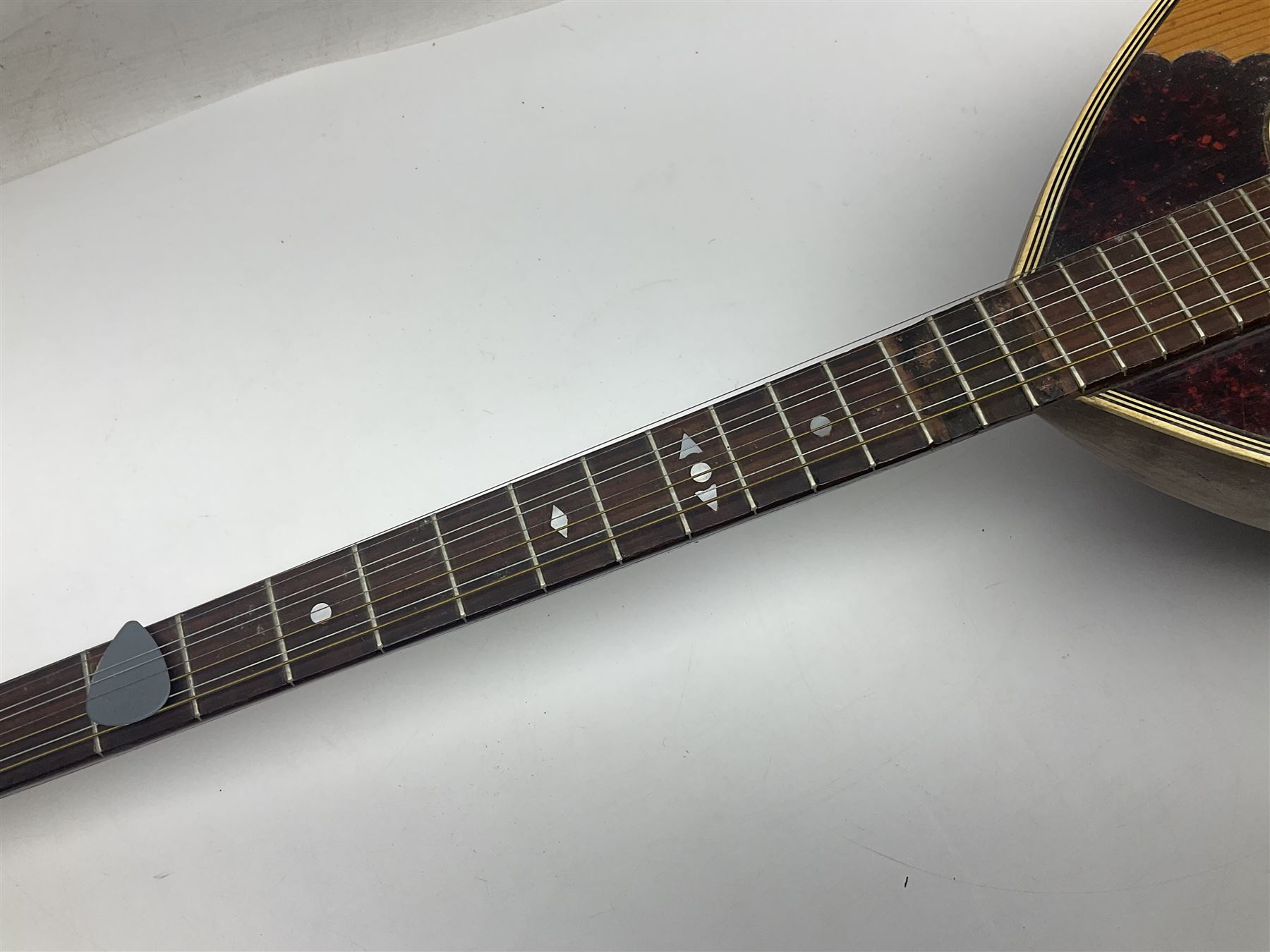 Italian bouzouki type long necked mandolin with segmented lute back and spruce top with tortoiseshell style panels; bears label 'Miroglio & Figli Sicilia Catania Italia' L99cm; and Italian lute back mandolin with segmented back and spruce top bearing label for F. De Mureda Napoli (2)