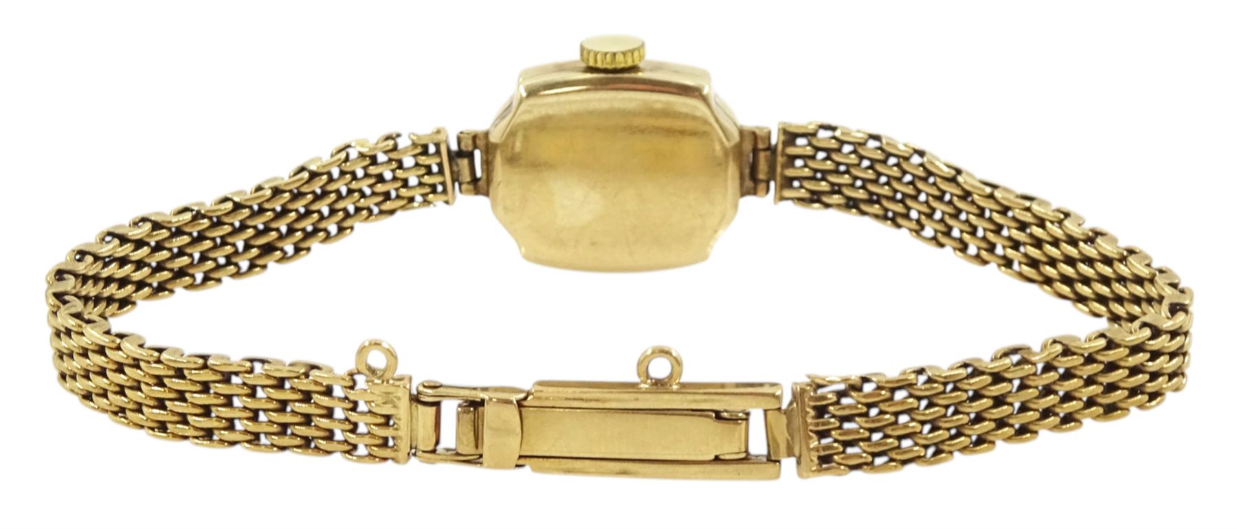 Uno ladies 9ct gold manual wind wristwatch, silvered dial with baton hour markers, on integral 9ct bracelet, hallmarked