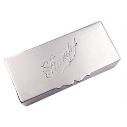 Late Victorian silver stamp box, of plain rectangular form, the hinged cover engraved 'Stamps', opening to reveal a gilt interior, hallmarked Mappin Brothers, Chester 1900, L7.5cm, approximate weight 1.89 ozt (58.8 grams)