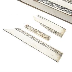 Mid-19th-century Anglo Indian Vizagapatam ivory, sandlewood, and horn veneered backgammon/chess board, circa 1860, rectangular games box the borders engraved with a stylized scrolling leaf decoration and spine engraved History of Persia the interior inlaid for backgammon, with three internal sandalwood boxes with covers, containing 16 ivory pieces and 16 horn pieces, comprising, kings and queens with pierced crowns on baluster carved shafts; bishops with carved mitres; knights represented by horses’ heads; and rooks as towers with imbricated decoration.

This item has been registered for sale under section 10 of the APHA Ivory Act, submission reference G68PNYA5 

