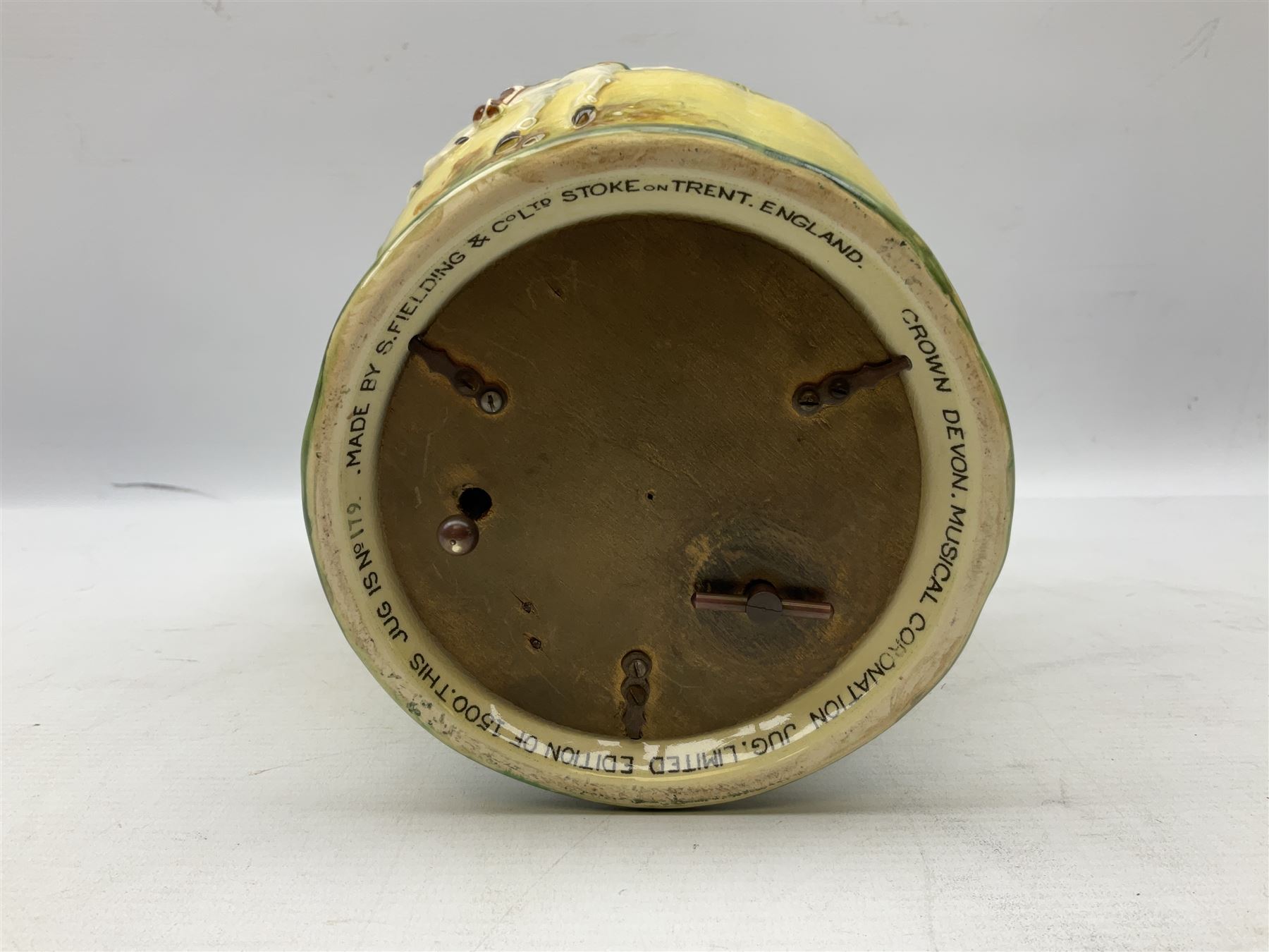 Crown Devon Fieldings George VI Coronation musical jug, with lion handle, no. 179 of an edition of 1500, H29cm