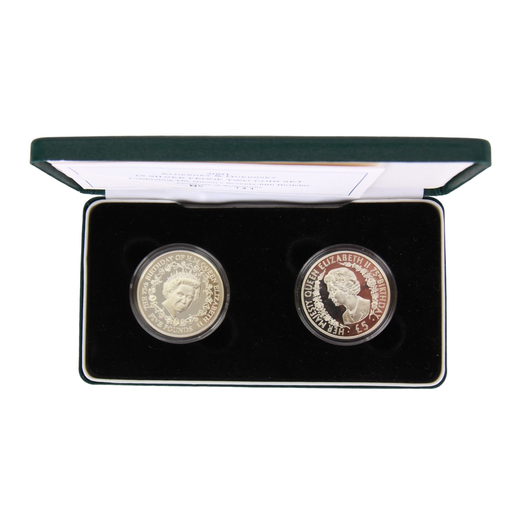 Six Queen Elizabeth II The Royal Mint silver coins or sets, comprising Falkland Islands 1983 '150th Anniversary' fifty pence, Belize 1992 '50th Anniversary Battle of El Alamein 1942-1992' five dollars two coin set, Guernsey 1995 'Queen Elizabeth The Queen Mother 95th Birthday' one pound, Barbados 1997 'Golden Wedding Anniversary' one dollar, Alderney and Guernsey 2001 'Celebrating The Queen's Seventy-Fifth Birthday' one pound two coin set and Alderney and Guernsey 'Celebrating The Queen's Seventy-Fifth Birthday' five pounds two coin set, all cased with certificates