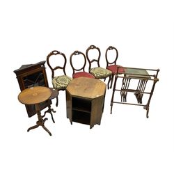 Two wine tables, pair Victorian chairs, pair Victorian style chairs, inlaid corner cabinet, nest of tables, early 20th century oak coffee table with book shelves, and a towel rail (10)