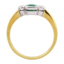 18ct gold three stone octagonal cut emerald and round brilliant cut diamond ring, London 2004, emerald approx 0.50 carat, total diamond weight approx carat 0.20