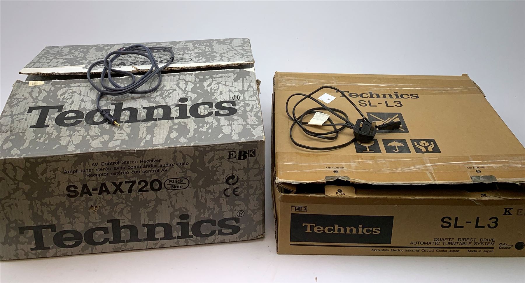 Technics SL-L3 Quartz Direct Drive Automatic Turntable System together with a Technics AV Control Stereo Receiver SA-AX720, both with original boxes