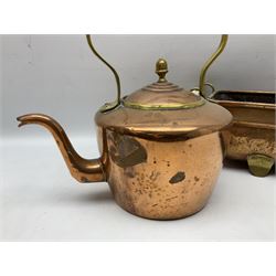 Copper planter of rectangular form with brass feet and twin handles, together with a brass mounted copper kettle, longest L54cm