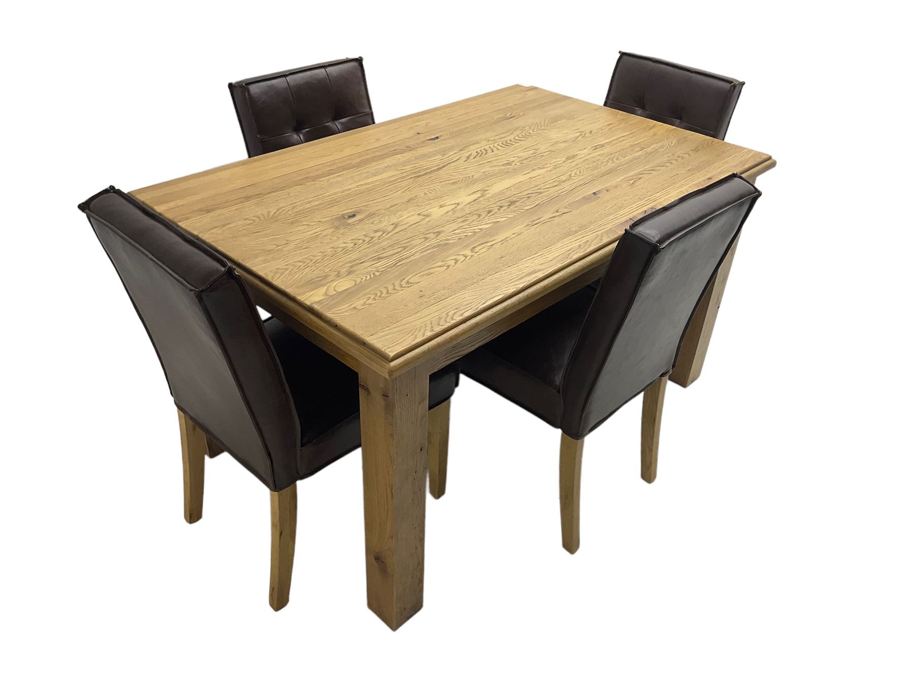 Light oak rectangular dining table, together with four dining chairs