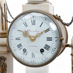 Chevallier of Paris - An early 19th century French Louis XV style white marble and gilt mounted portico clock surmounted by a figure from classical antiquity, with a drum case supported on a pair of reeded and tapered supports with celestial finials raised on a rectangular plinth base, with a white enamel dial with Roman numerals, five minute Arabic's, minute track and makers name,  8-day twin train countwheel movement with a silk suspension, striking the hours and half hours on a bell. 
With pendulum.