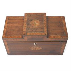 Sheraton design mahogany tea caddy with raised centre section, shell inlay and satinwood cross banding, the interior with two divisions and spoon rack W27cm. 