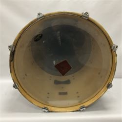 Pearl Vision SST Birch Ply shell four-piece drum kit in black comprising bass drum with foot pedal and three graduated toms; together with Pearl Custom Alloy Sensitone steel snare drum, drum and cymbal stands, microphone stand, stool and various drum sticks 