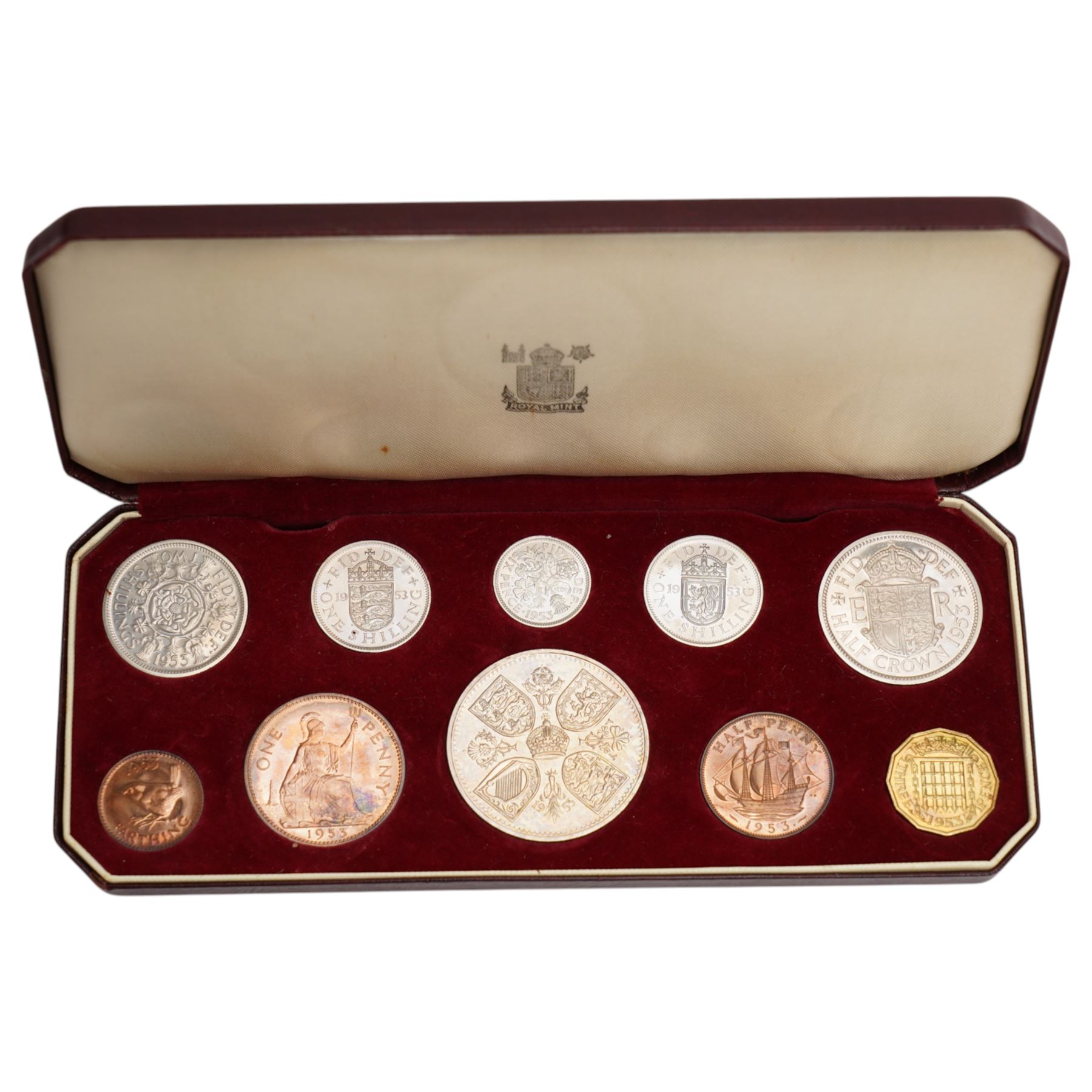 Queen Elizabeth II 1953 proof ten coin set, crown to farthing, in original case
