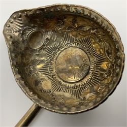 Silver toddy ladle, the bowl set with a Anne 1710 silver shilling coin on a balleen twist handle, L33cm