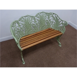  Coalbrookdale style cast metal wheat sheaf bench, hardwood slatted seat, green painted finish, W118cm  