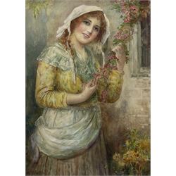 William Joseph Carroll (19th/20th Century): Country Girl Holding Blossom, watercolour signed 60cm x 43cm 